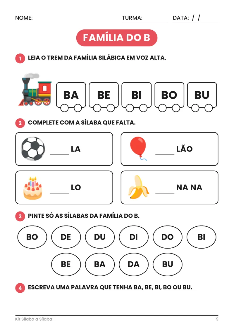 Página Família do B com trem das sílabas, completar e pintar